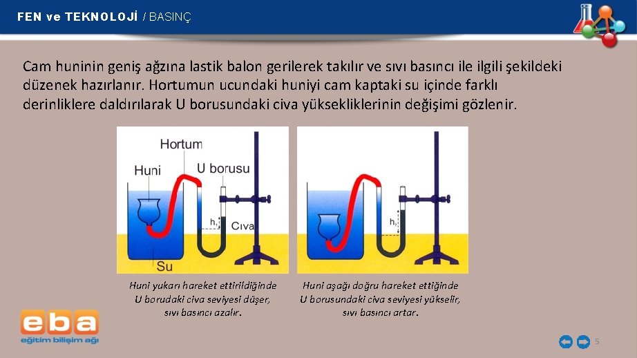 FEN ve TEKNOLOJİ / BASINÇ Cam huninin geniş ağzına lastik balon gerilerek takılır ve