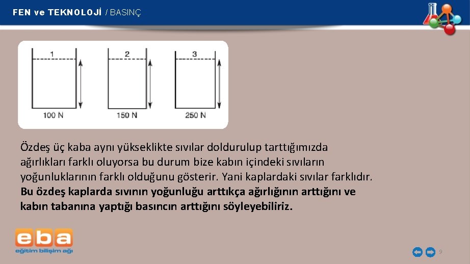 FEN ve TEKNOLOJİ / BASINÇ Özdeş üç kaba aynı yükseklikte sıvılar doldurulup tarttığımızda ağırlıkları