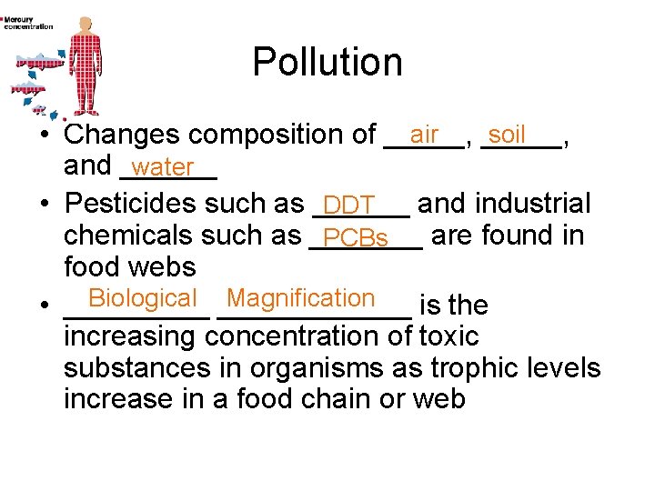 Pollution air soil • Changes composition of _____, and ______ water • Pesticides such