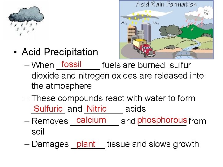  • Acid Precipitation fossil – When _____ fuels are burned, sulfur dioxide and