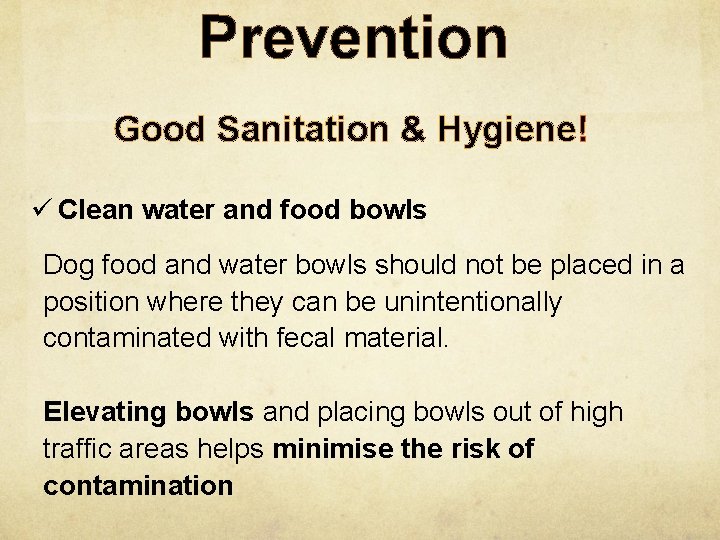 Prevention Good Sanitation & Hygiene! ü Clean water and food bowls Dog food and