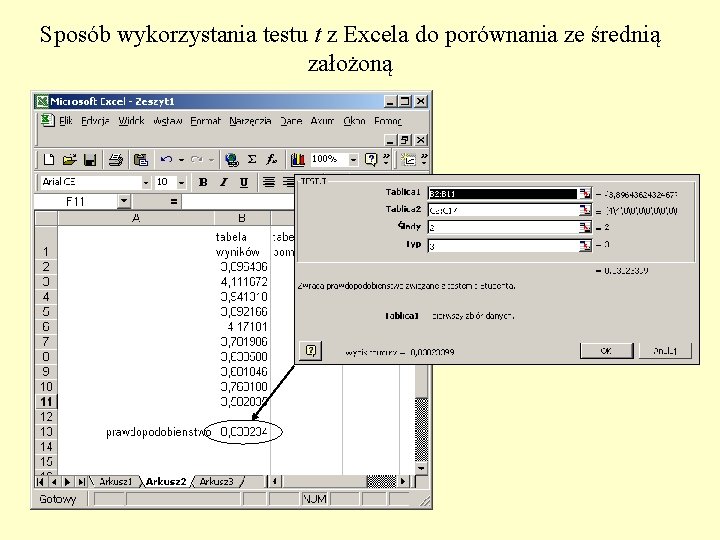 Sposób wykorzystania testu t z Excela do porównania ze średnią założoną 