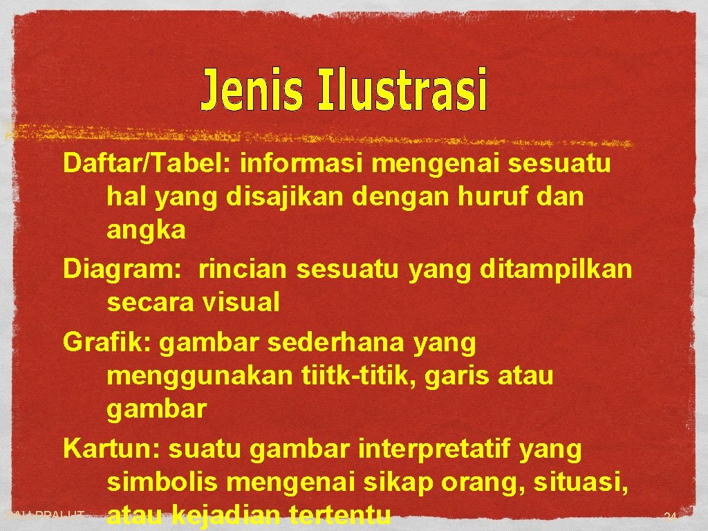 Daftar/Tabel: informasi mengenai sesuatu hal yang disajikan dengan huruf dan angka Diagram: rincian sesuatu