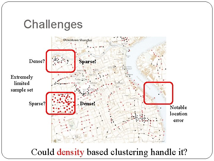 Challenges Dense? Sparse! Extremely limited sample set Sparse? Dense! Notable location error Could density