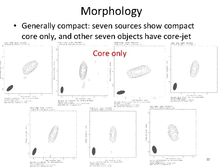 Morphology • Generally compact: seven sources show compact core only, and other seven objects