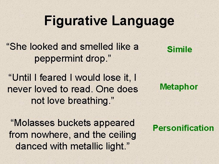 Figurative Language “She looked and smelled like a peppermint drop. ” Simile “Until I