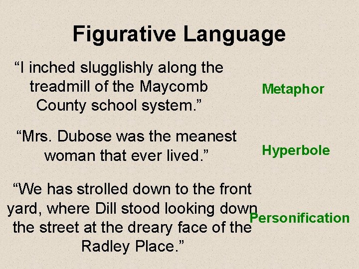 Figurative Language “I inched slugglishly along the treadmill of the Maycomb County school system.