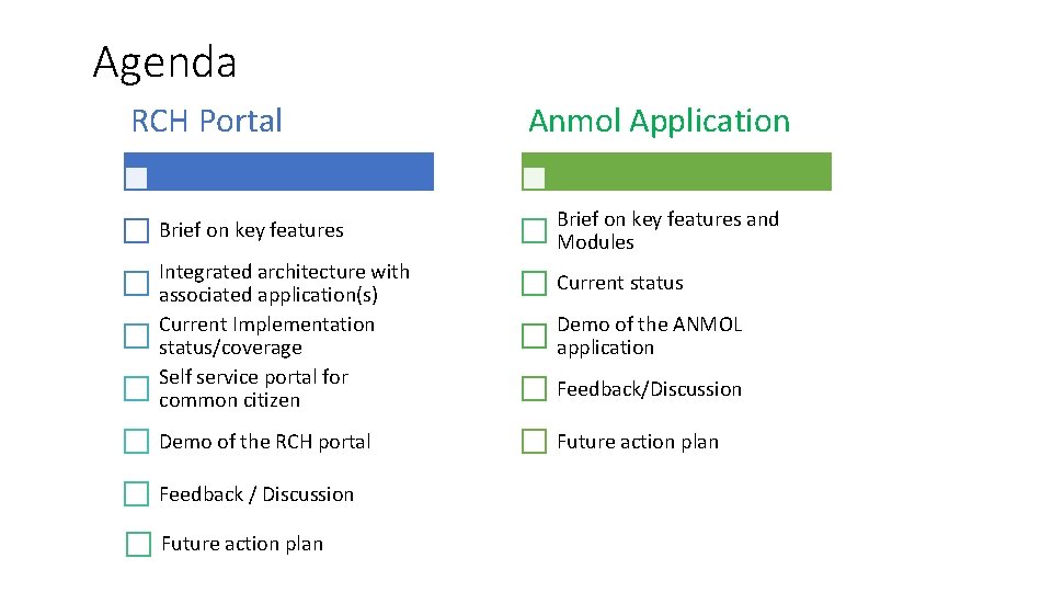 Agenda RCH Portal Brief on key features Integrated architecture with associated application(s) Current Implementation