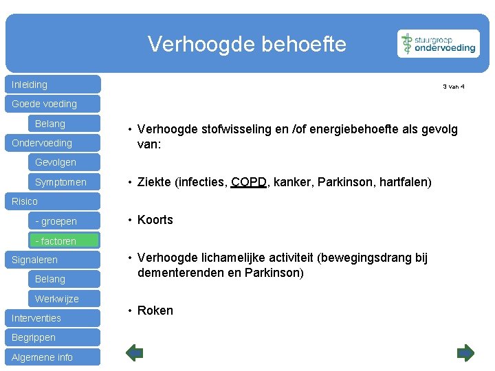 Verhoogde behoefte Inleiding 3 van 4 Goede voeding Belang Ondervoeding • Verhoogde stofwisseling en