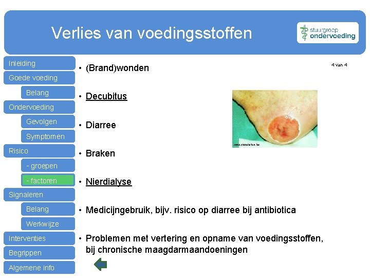  Verlies van voedingsstoffen Inleiding • (Brand)wonden Goede voeding Belang • Decubitus Ondervoeding Gevolgen