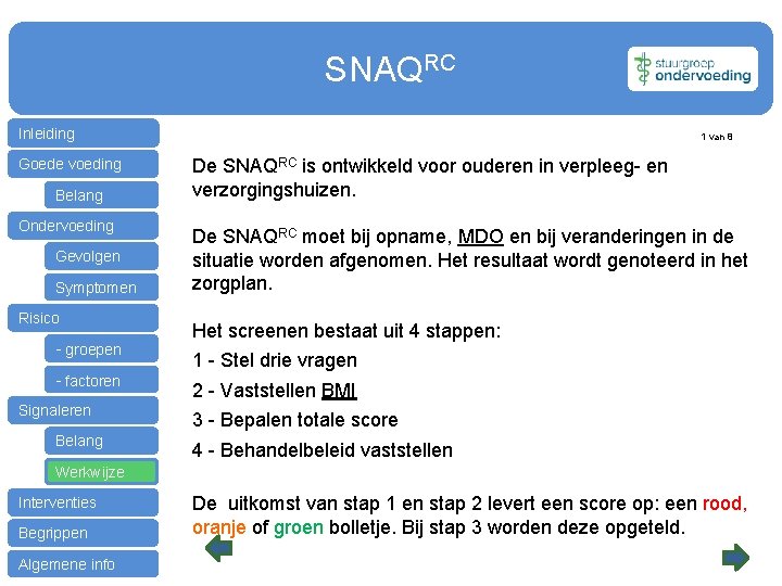 SNAQRC Inleiding Goede voeding Belang Ondervoeding Gevolgen Symptomen Risico - groepen - factoren Signaleren
