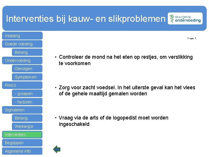 Interventies bij kauw- en slikproblemen Inleiding 1 van 1 Goede voeding Belang Ondervoeding •