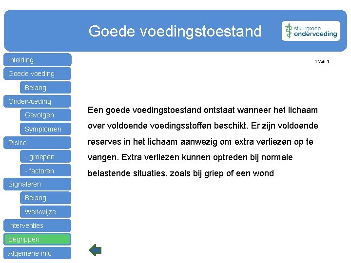 Goede voedingstoestand Inleiding 1 van 1 Goede voeding Belang Ondervoeding Gevolgen Symptomen Risico Een