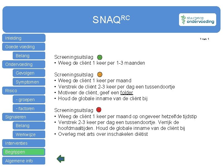 SNAQRC Inleiding 1 van 1 Goede voeding Belang Ondervoeding Gevolgen Symptomen Risico - groepen