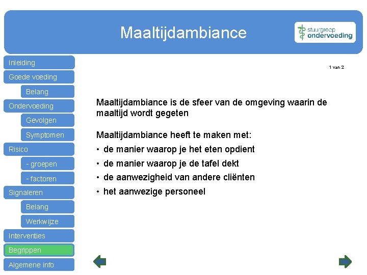 Maaltijdambiance Inleiding 1 van 2 Goede voeding Belang Ondervoeding Gevolgen Symptomen Risico - groepen