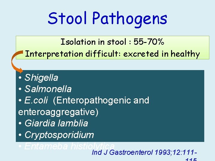 Stool Pathogens Isolation in stool : 55 -70% Interpretation difficult: excreted in healthy •