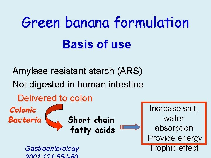 Green banana formulation Basis of use Amylase resistant starch (ARS) Not digested in human