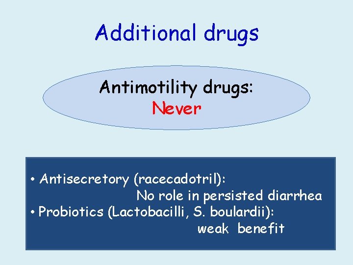 Additional drugs Antimotility drugs: Never • Antisecretory (racecadotril): No role in persisted diarrhea •