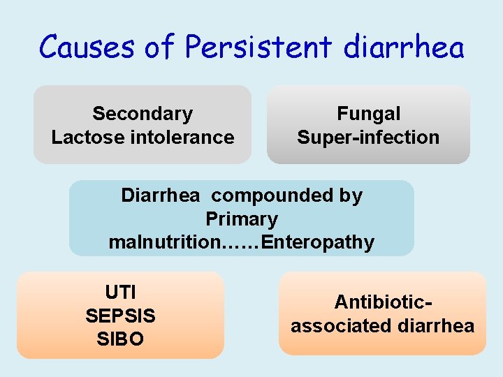 Causes of Persistent diarrhea Secondary Lactose intolerance Fungal Super-infection Diarrhea compounded by Primary malnutrition……Enteropathy