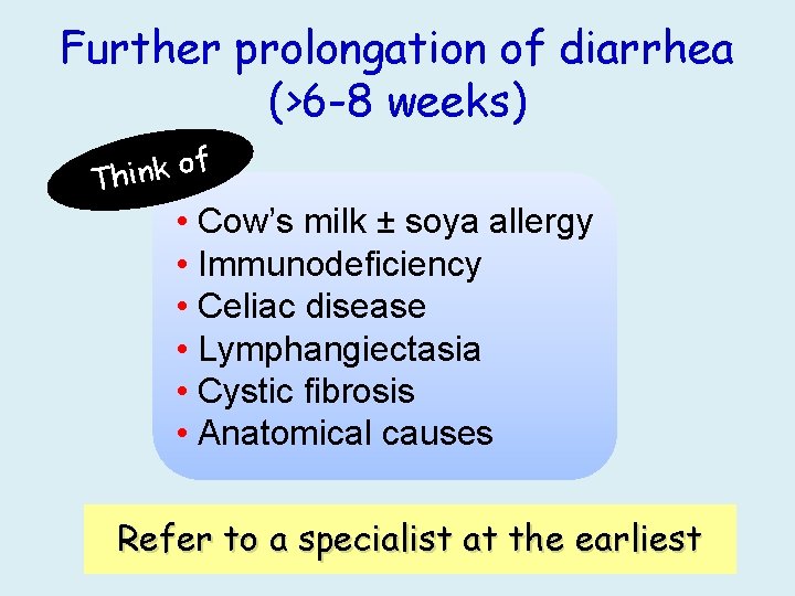 Further prolongation of diarrhea (>6 -8 weeks) f o k n i Th •
