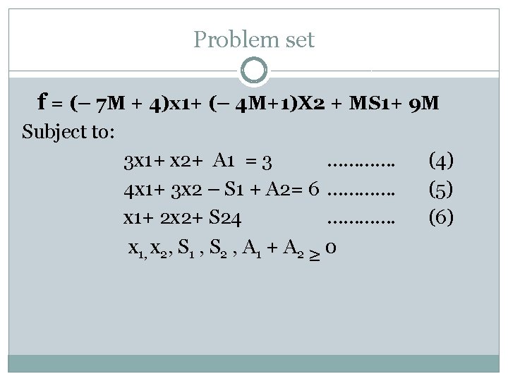 Problem set f = (– 7 M + 4)x 1+ (– 4 M+1)X 2