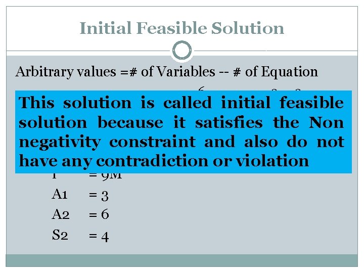 Initial Feasible Solution Arbitrary values =# of Variables -- # of Equation 6 3=3