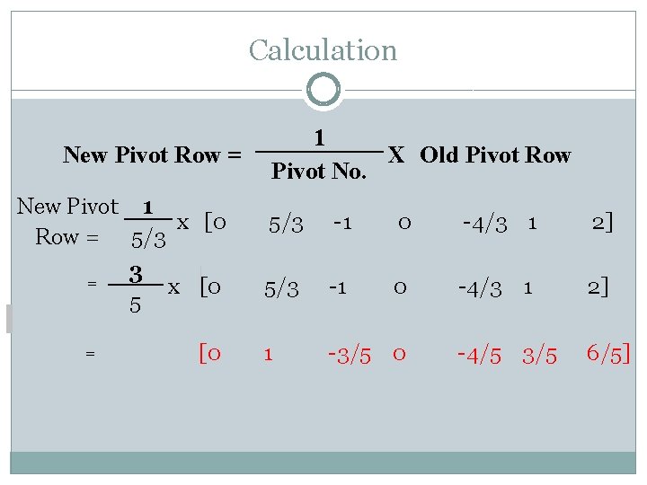 Calculation New Pivot Row = New Pivot 1 x [0 Row = 5/3 =