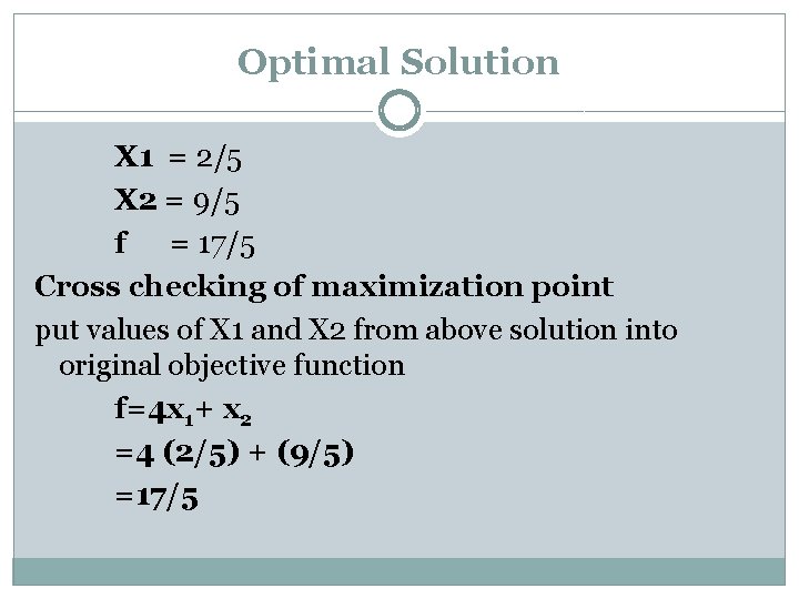 Optimal Solution X 1 = 2/5 X 2 = 9/5 f = 17/5 Cross