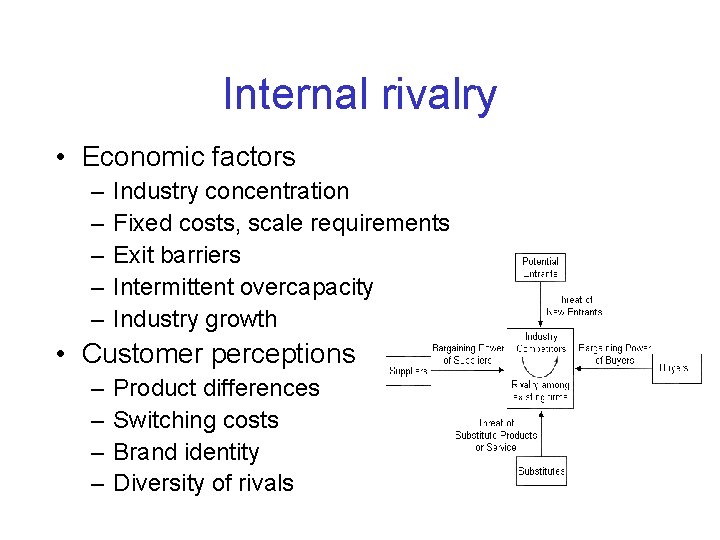 Internal rivalry • Economic factors – – – Industry concentration Fixed costs, scale requirements