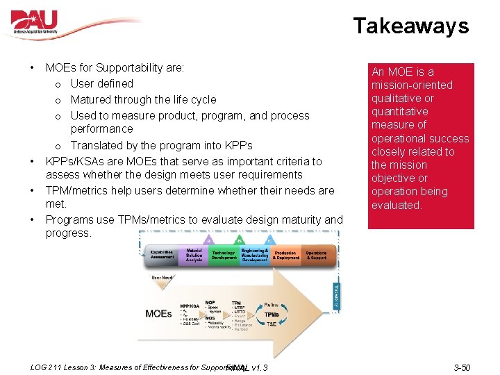 Takeaways • • MOEs for Supportability are: o User defined o Matured through the