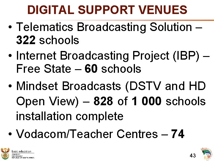  • • DIGITAL SUPPORT VENUES Telematics Broadcasting Solution – 322 schools Internet Broadcasting