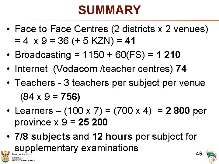 SUMMARY • Face to Face Centres (2 districts x 2 venues) = 4 x