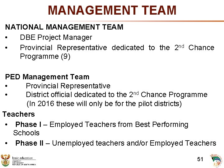 MANAGEMENT TEAM NATIONAL MANAGEMENT TEAM • DBE Project Manager • Provincial Representative dedicated to