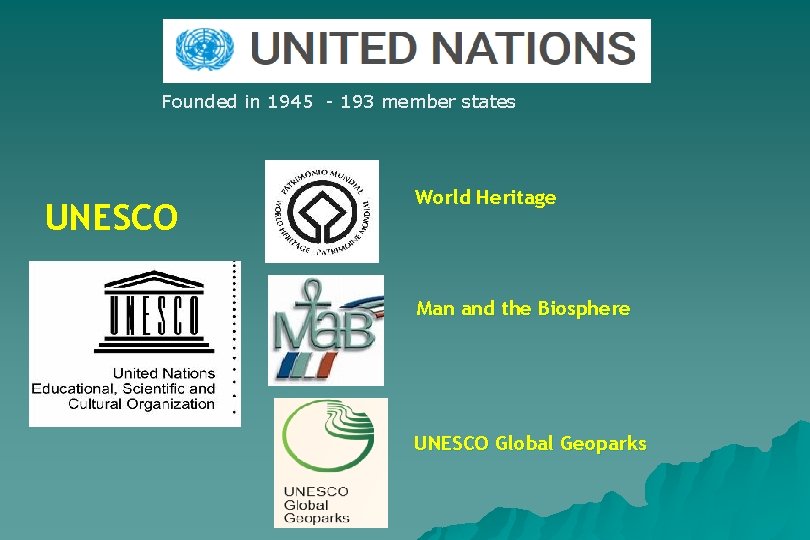 Founded in 1945 - 193 member states UNESCO World Heritage Man and the Biosphere