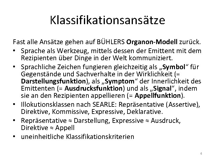 Klassifikationsansätze Fast alle Ansätze gehen auf BÜHLERS Organon-Modell zurück. • Sprache als Werkzeug, mittels