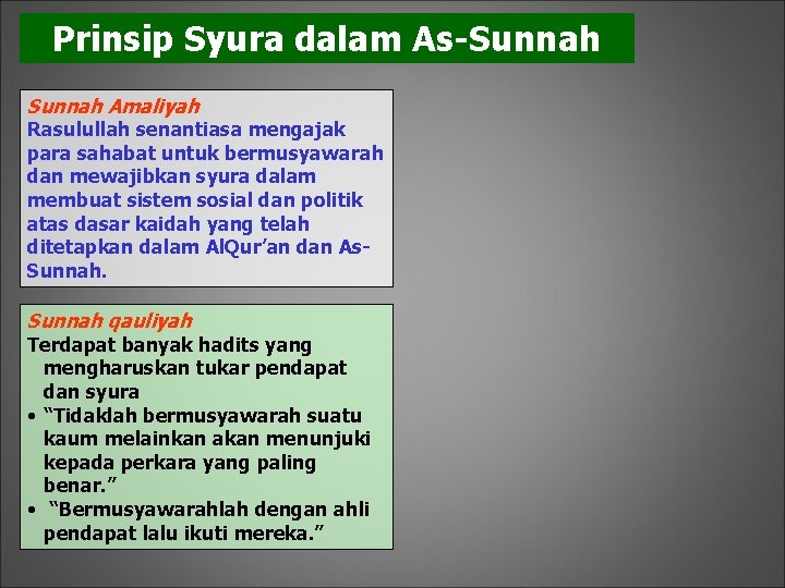 Prinsip Syura dalam As-Sunnah Amaliyah Rasulullah senantiasa mengajak para sahabat untuk bermusyawarah dan mewajibkan