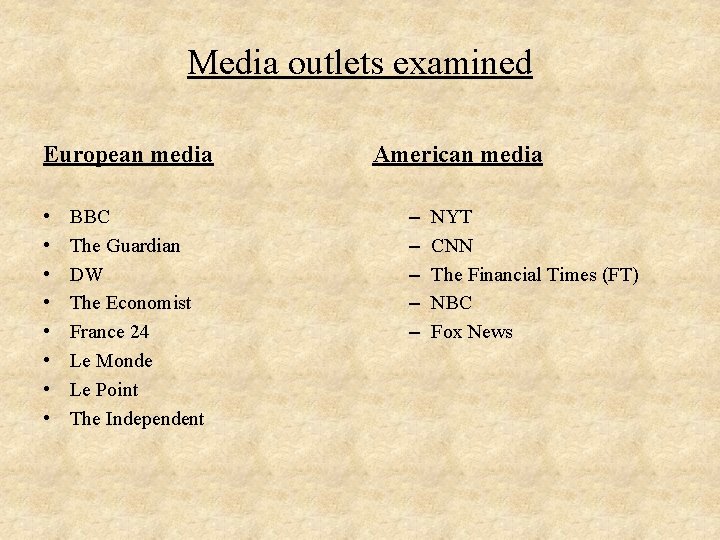Media outlets examined European media • • BBC The Guardian DW The Economist France