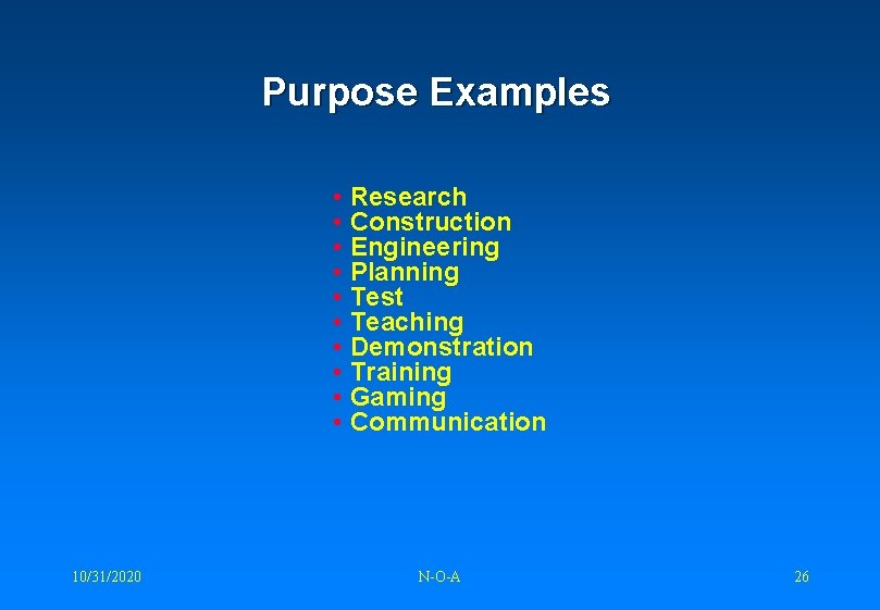 Purpose Examples • Research • Construction • Engineering • Planning • Test • Teaching