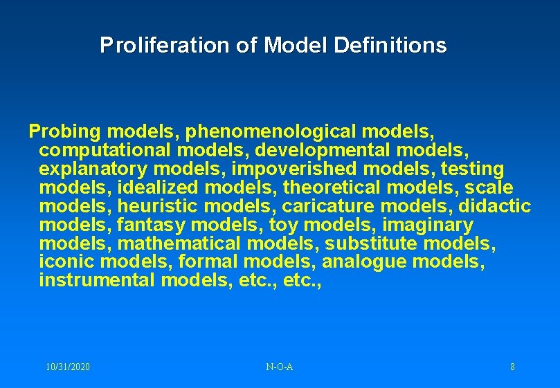 Proliferation of Model Definitions Probing models, phenomenological models, computational models, developmental models, explanatory models,