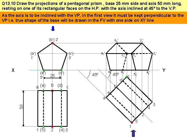 Q 13. 10 Draw the projections of a pentagonal prism , base 25 mm