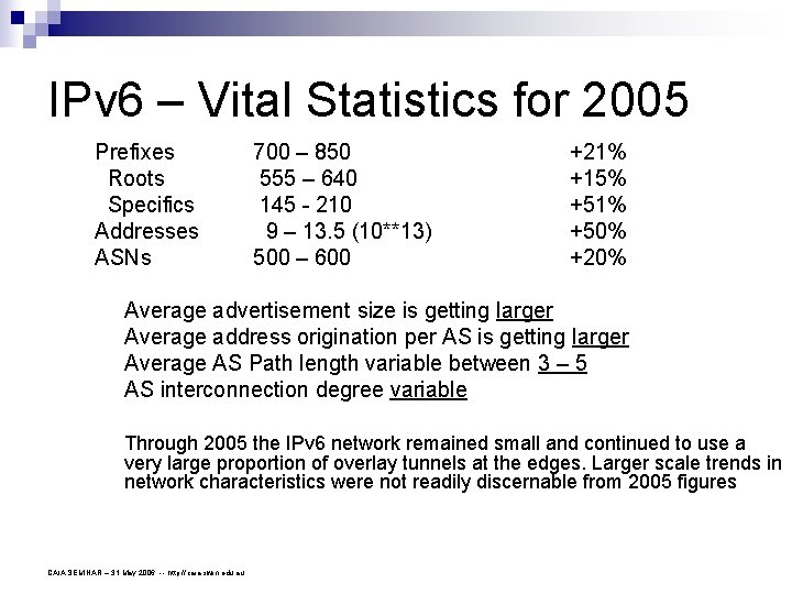 IPv 6 – Vital Statistics for 2005 Prefixes Roots Specifics Addresses ASNs 700 –