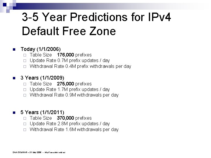 3 -5 Year Predictions for IPv 4 Default Free Zone n Today (1/1/2006) ¨