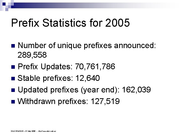 Prefix Statistics for 2005 Number of unique prefixes announced: 289, 558 n Prefix Updates: