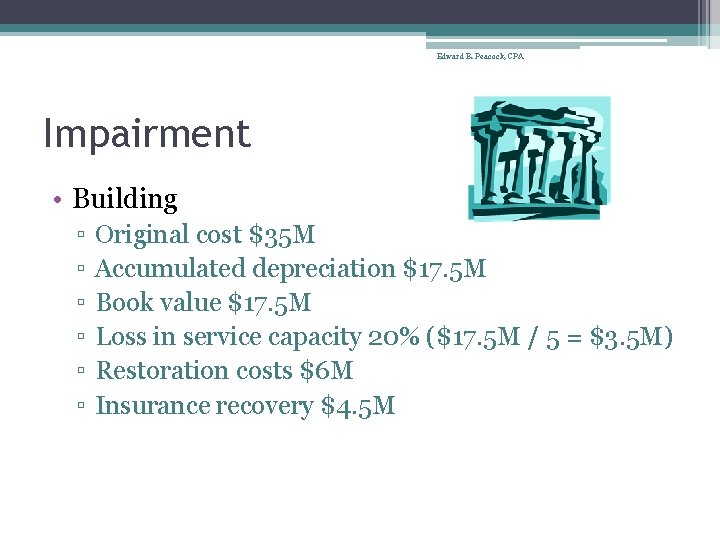 Edward B. Peacock, CPA Impairment • Building ▫ ▫ ▫ Original cost $35 M