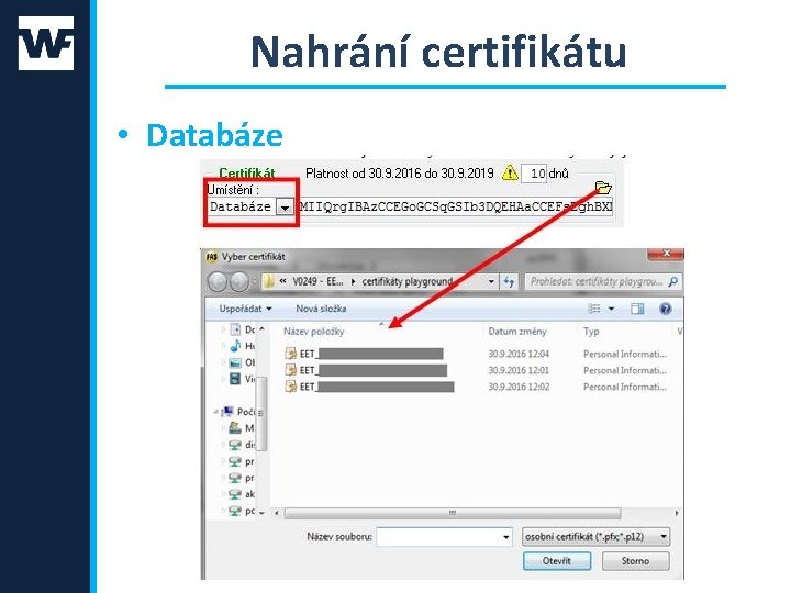 Nahrání certifikátu • Databáze 