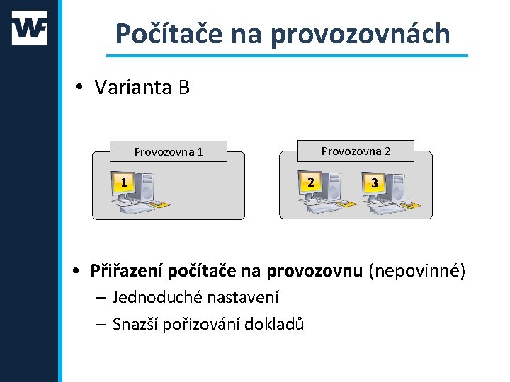 Počítače na provozovnách • Varianta B Provozovna 2 Provozovna 1 1 2 3 •