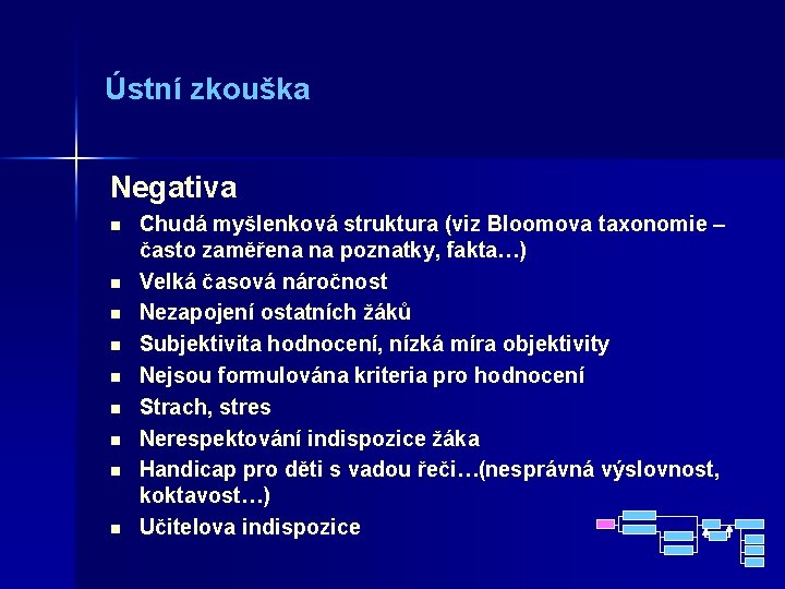 Ústní zkouška Negativa n n n n n Chudá myšlenková struktura (viz Bloomova taxonomie