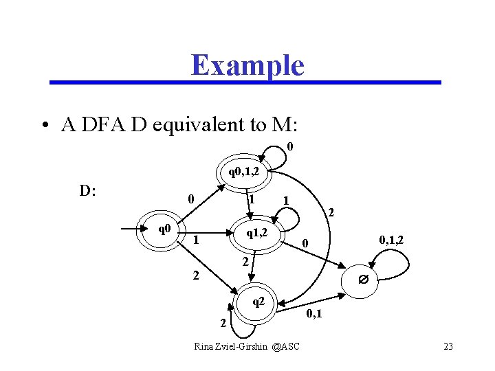 Example • A DFA D equivalent to M: 0 q 0, 1, 2 D: