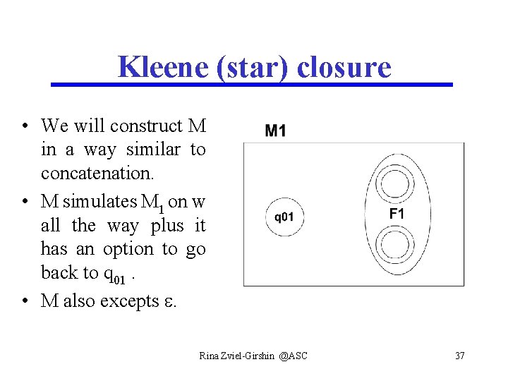 Kleene (star) closure • We will construct M in a way similar to concatenation.