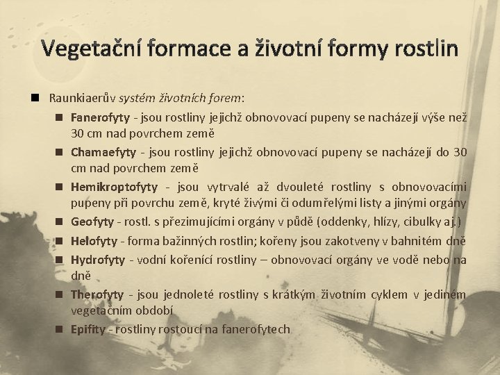 n Raunkiaerův systém životních forem: n Fanerofyty - jsou rostliny jejichž obnovovací pupeny se